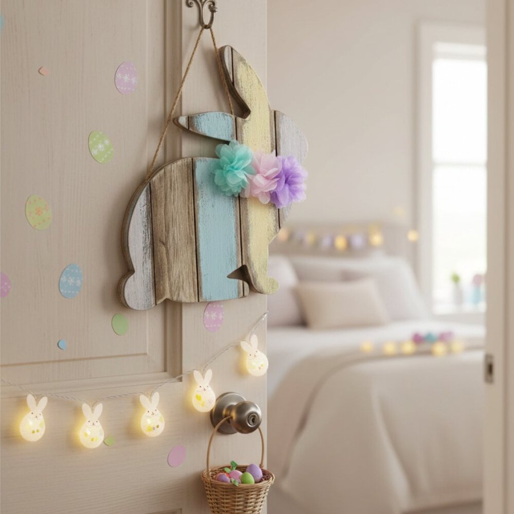 Pastel Sitting Easter Bunny Wood Wall Decoration Spring Holiday Decor Gift